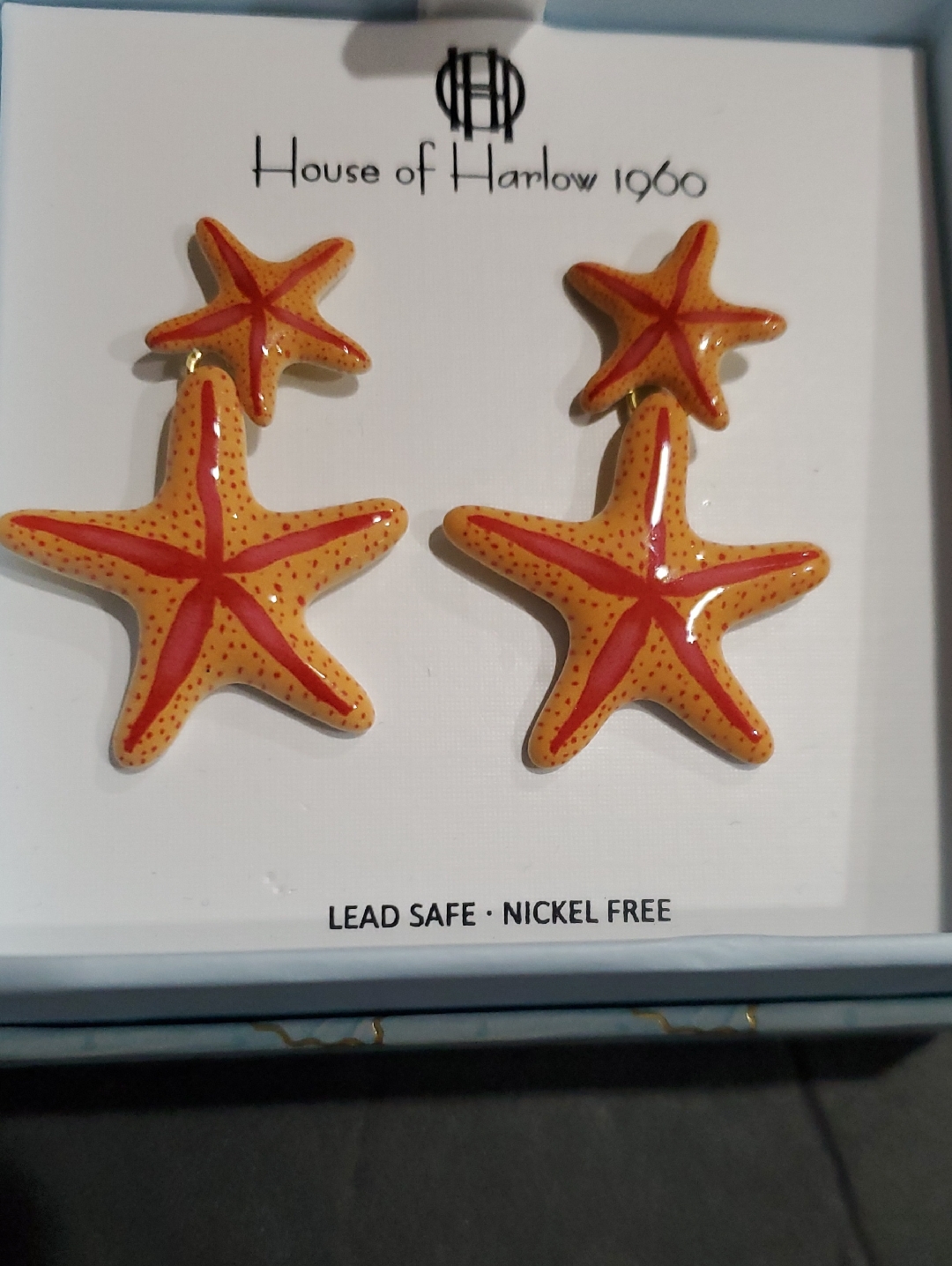 House Of Harlow 1960 Coral Orange Starfish Shaped Two-Tiered Dangle Earrings New
